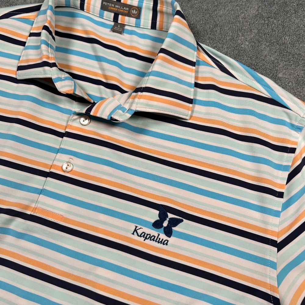 Peter Millar Summer Comfort Kapalua Golf Polo Mens Large Blue Orange Striped L - Picture 3 of 12